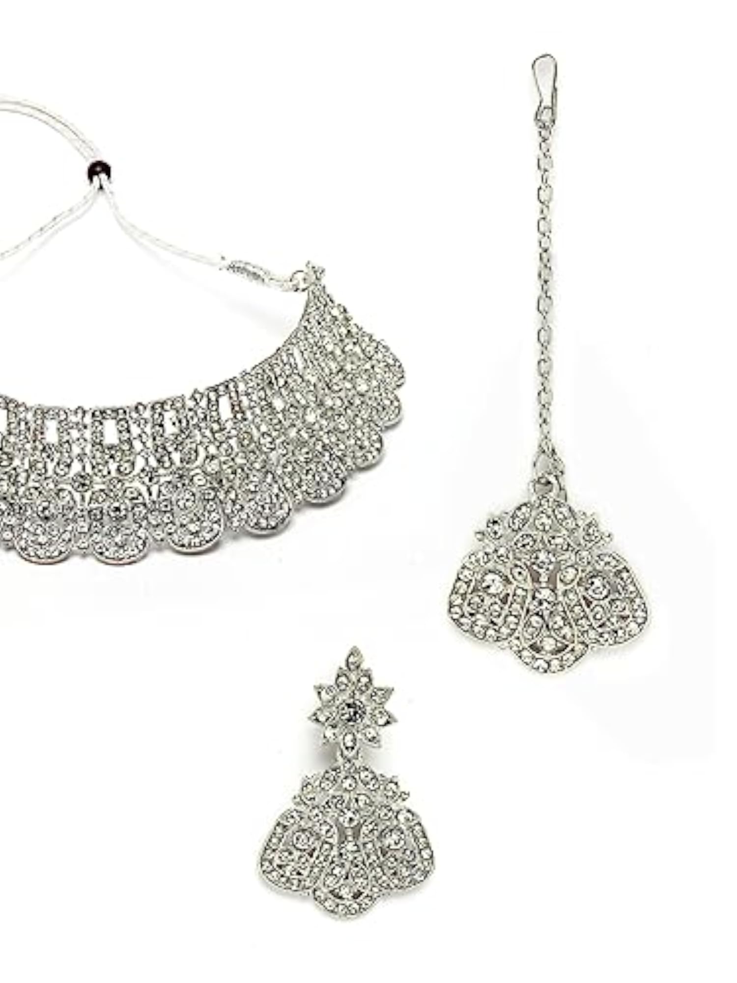 Rhodium Plated AD Stones Choker Necklace Set with Earring and Maangtika